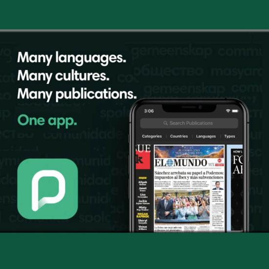 Tekst på foto: Many languages. Many cultures. Many publications. One app. Pressreader-logo