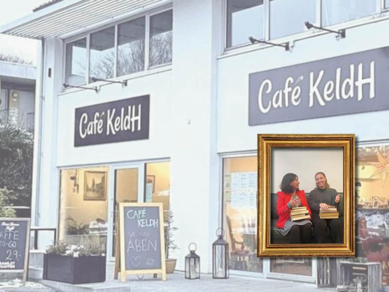 Portræt af Heidi og Regitze på baggrundsfoto af Café KeldH