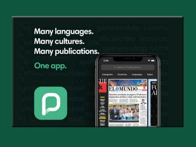 Tekst på foto: Many languages. Many cultures. Many publications. One app. Pressreader-logo